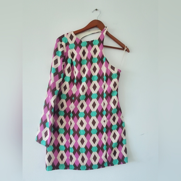 Zara Geometric Patterned Mini Dress Purple, Green, Cream - Picture 1 of 11